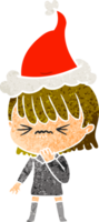 main tiré rétro dessin animé de une fille regretter une erreur portant Père Noël chapeau png