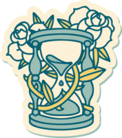 sticker of tattoo in traditional style of an hour glass and flowers png