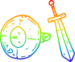 rainbow gradient line drawing of a old gladiator shield and sword png