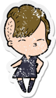 distressed sticker of a cartoon squinting girl in dress png