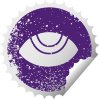 distressed circular peeling sticker symbol of a eye looking up png