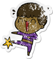 distressed sticker of a laughing cartoon man karate kicking png