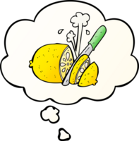 cartoon sliced lemon with thought bubble in smooth gradient style png