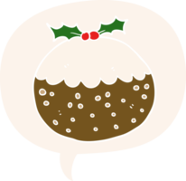 cartoon christmas pudding with speech bubble in retro style png