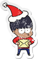 nerveux main tiré affligé autocollant dessin animé de une garçon portant Père Noël chapeau png