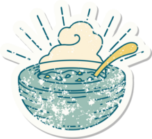 worn old sticker of a tattoo style bowl of soup png