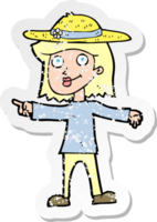 retro distressed sticker of a cartoon woman wearing hat png