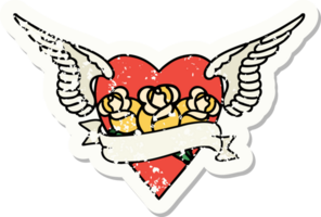 tatouage d'autocollant en détresse dans le style traditionnel de coeur avec des fleurs d'ailes et une bannière png