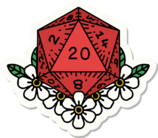 sticker of a natural 20 D20 dice roll with floral elements png