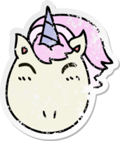 distressed sticker of a quirky hand drawn cartoon unicorn png