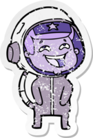 distressed sticker of a cartoon laughing astronaut png