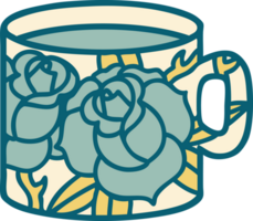 iconic tattoo style image of a cup and flowers png