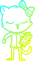 cold gradient line drawing of a cartoon cat with bow on head png