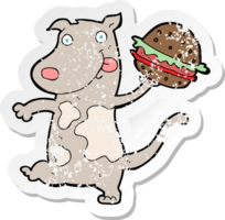 retro distressed sticker of a cartoon hungry dog with burger png