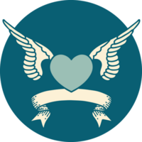 icône de style tatouage avec bannière d'un coeur avec des ailes png