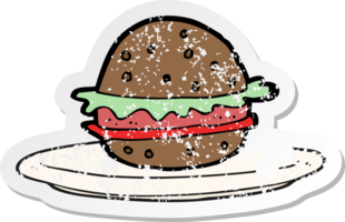 retro distressed sticker of a cartoon burger on plate png