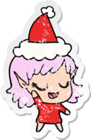 contento mano dibujado afligido pegatina dibujos animados de un duende niña vistiendo Papa Noel sombrero png