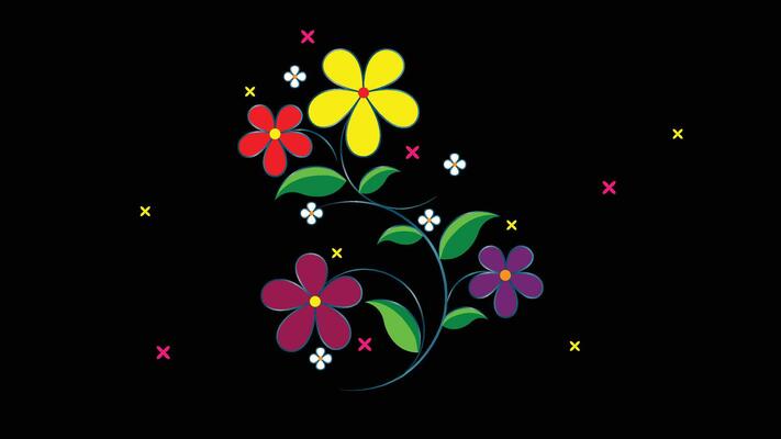 Simple Colorful Flowers leaves in black background, Abstract hand drawn floral pattern with Illustration, Element for design.
