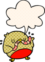 cartoon bird eating worm with speech bubble in comic book style png