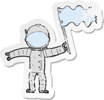 retro distressed sticker of a cartoon astronaut with flag png