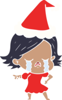 hand drawn flat color illustration of a girl crying and pointing wearing santa hat png