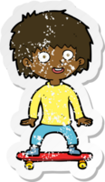 retro distressed sticker of a cartoon boy on skateboard png