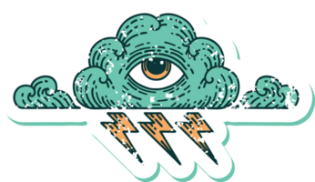 iconisch verontrust sticker tatoeëren stijl beeld van een allemaal zien oog wolk png