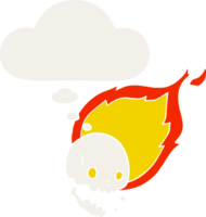 spooky cartoon flaming skull with thought bubble in retro style png