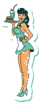 distressed sticker tattoo in traditional style of a pinup waitress girl png