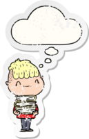 cartoon friendly boy with books with thought bubble as a distressed worn sticker png