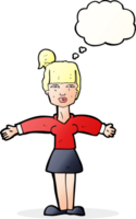 cartoon woman shrugging shoulders with thought bubble png