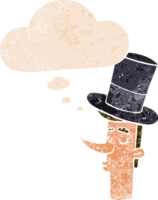 dessin animé homme portant Haut chapeau avec pensée bulle dans grunge affligé rétro texturé style png