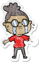 distressed sticker of a cartoon crying woman wearing spectacles png