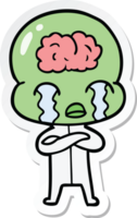 sticker of a cartoon big brain alien crying png