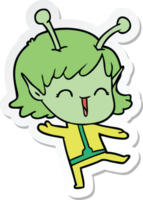 sticker of a cartoon alien girl laughing png