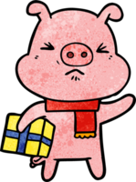 cerdo enojado de dibujos animados con regalo de navidad png