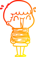 warm gradient line drawing of a laughing cartoon man holding stack of books png