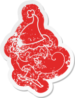Flat color distressed sticker of happy bearded man wearing santa hat png