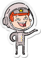 distressed sticker of a cartoon laughing astronaut png