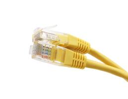 Yellow network cables with molded RJ45 plug isolated on white background photo