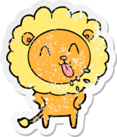 distressed sticker of a happy cartoon lion png