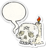 cartoon spooky skull and candle with speech bubble distressed distressed old sticker png