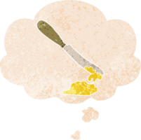 cartoon knife spreading butter with thought bubble in grunge distressed retro textured style png