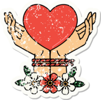 Distressed Sticker Tattoo im traditionellen Stil mit gefesselten Händen und einem Herz png