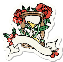 versleten oud sticker met banier van een uur glas en bloemen png