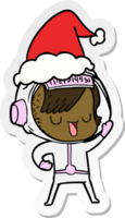 main tiré autocollant dessin animé de une astronaute femme portant Père Noël chapeau png