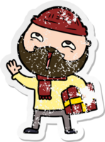 distressed sticker of a cartoon happy bearded man png