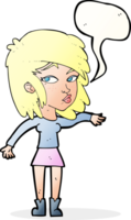 Cartoon-Frau spielt es cool mit Sprechblase png