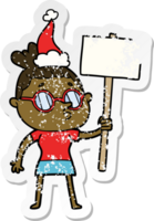 hand drawn distressed sticker cartoon of a woman wearing glasses wearing santa hat png