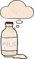 cartoon milk bottle with thought bubble in grunge texture style png